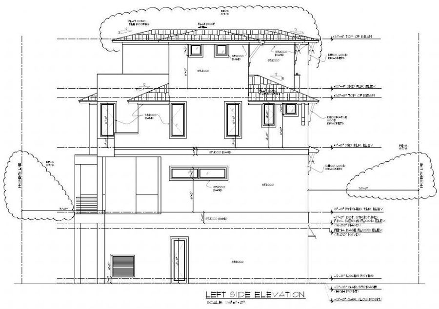 Picture of residential left elevation with height and setback measurements. Click opens full sized image.
