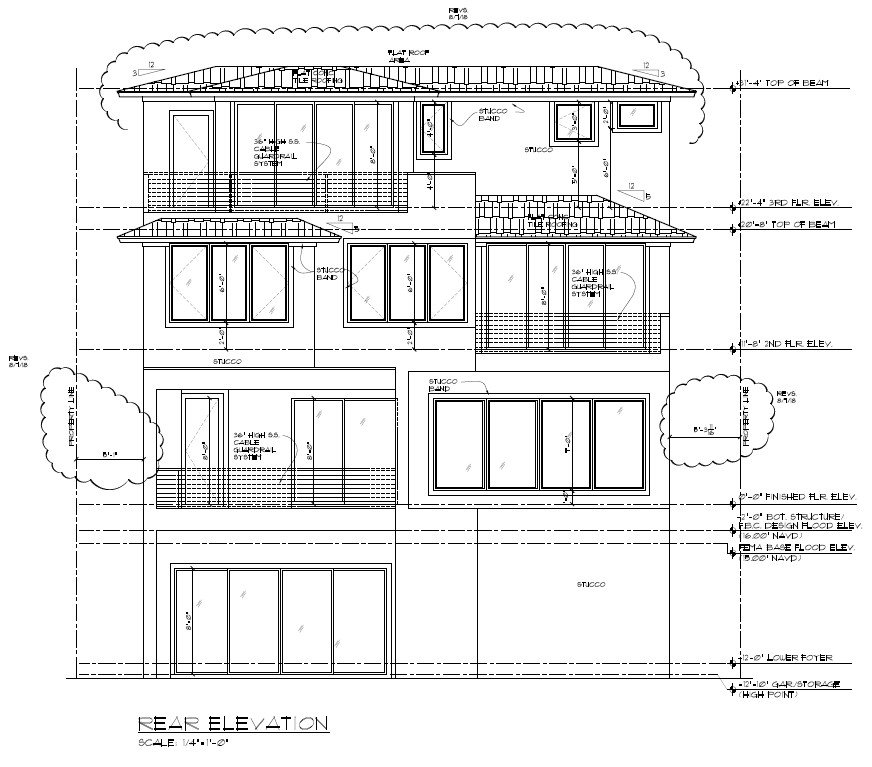 Picture of residential rear elevation with height and setback measurements. Click opens full sized image.
