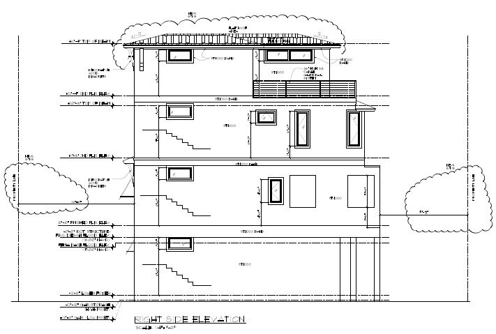 Picture of residential right elevation with height and setback measurements. Click opens full sized image.